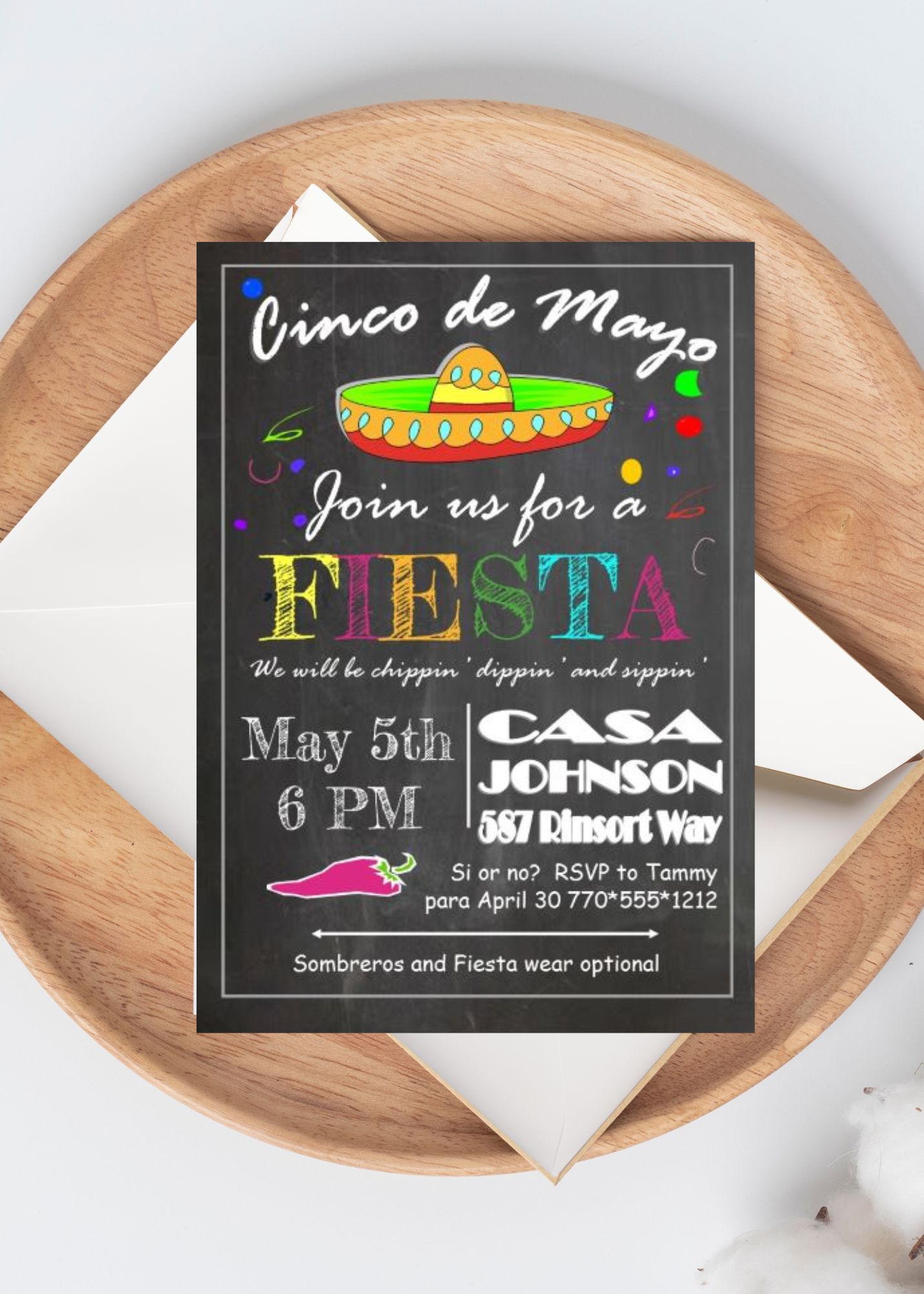 Chalkboard Sombrero- Cinco de Mayo Invitations