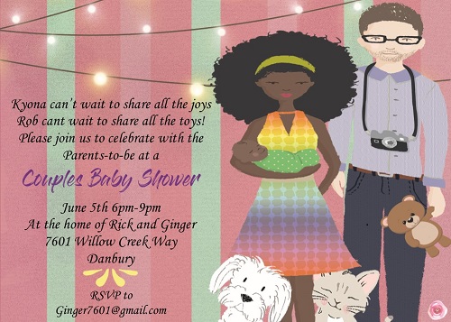 Interracial black man and white woman baby shower invitations