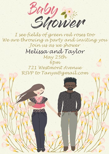 Interracial black man and white woman baby shower invitations