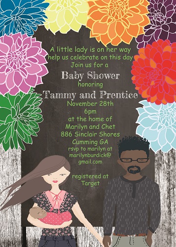 Interracial black man and white woman baby shower invitations