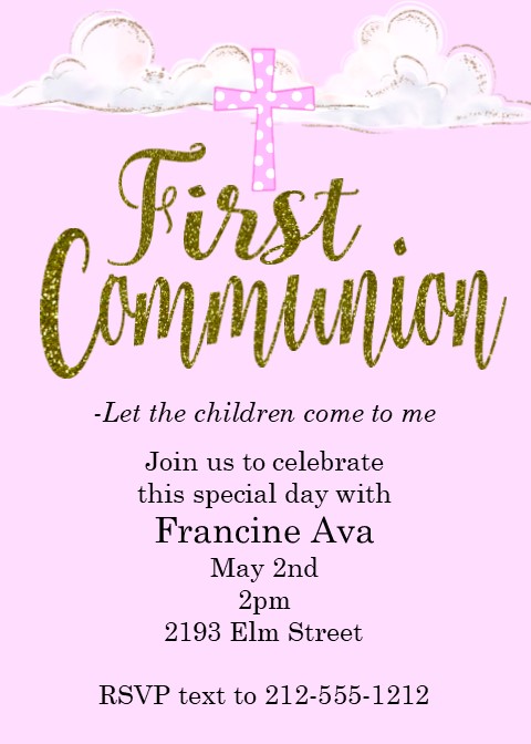 Pink Glitter Cross First Holy Communion Party Invitations