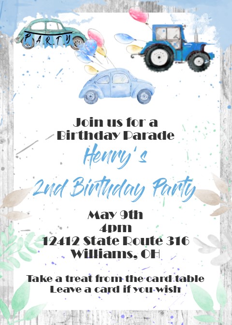 Blue Car and tractor drive by parade quarantine Birthday Party Invitations