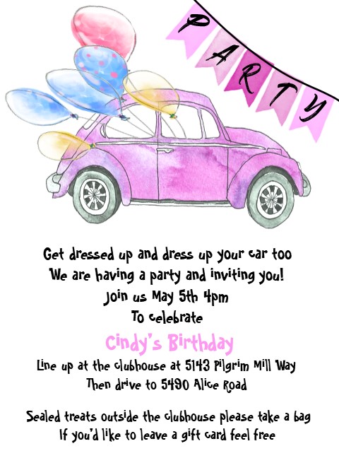 Girl's drive by Birthday Party Invitations