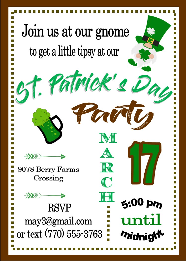 Tipsy Gnome St Patty's Day Party Invitations