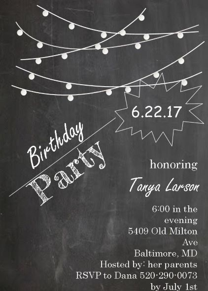 Lights on Chalkboard - Birthday Party Invitations