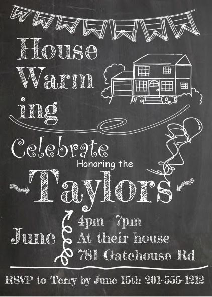 House and Banner on Chalkboard - Housewarming Party Invitations