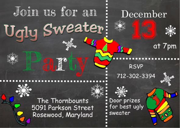 ugly sweater chalkboard Christmas party invitations