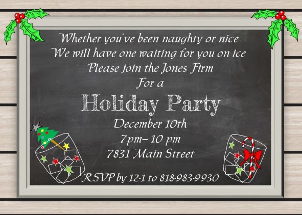 chalkboard on wood grain Cocktail Christmas Party Invitations