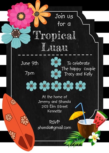 luau party invitation with tropical drink and surfboard