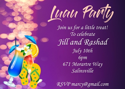 luau party invitation with tropical drink and flip flops