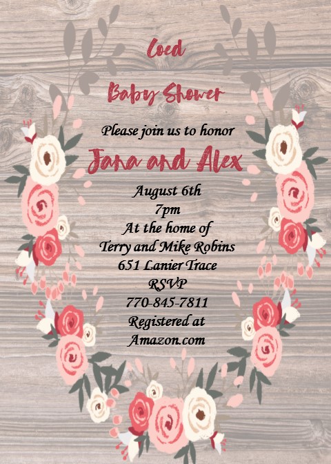 wreath and wood baby shower invitations