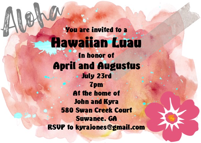 aloha luau hawaiian party invitation on watercolor paint splash