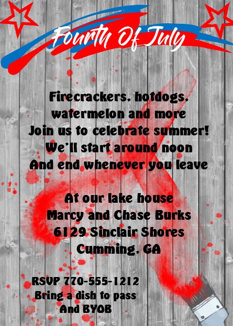 Fourth on a fence woodgrain and paint splashes July Independence Party Invitations
