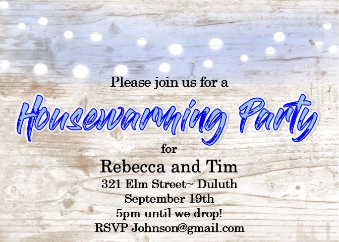 String of lights on light wood Housewarming Party Invitations