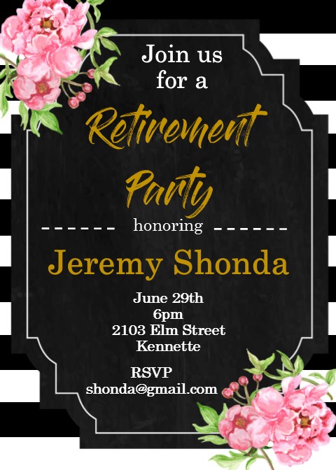 retirement peonies and black and white stripes Party Invitations