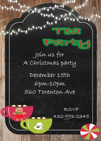 Tea on Woodgrain Christmas Party Invitations