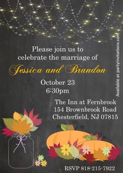 String of Lights on Chalkboard Fall Leaves party invitations