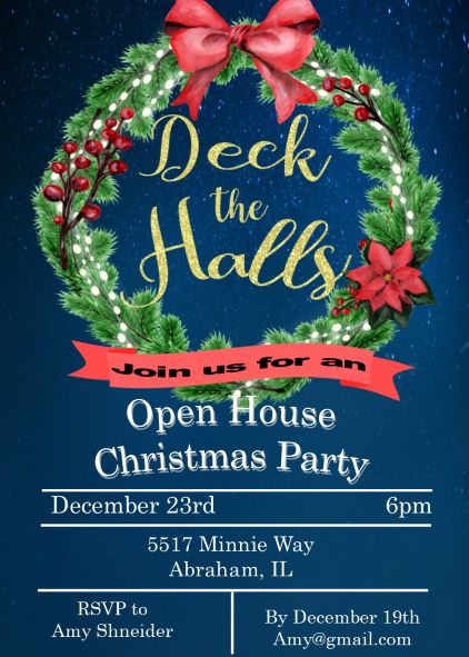 Deck the Halls wreath Holiday Open House Party Invitations