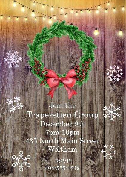 String of Lights  with wreath on Woodgrain christmas Party invitations