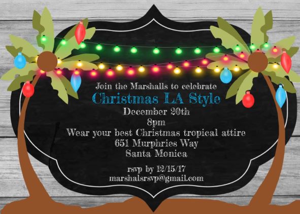 Tropical Chalkboard and Palmtree Christmas Holiday Party Invitations Santa hat on the beach