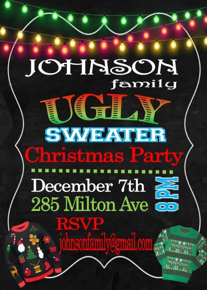 ugly sweater chalkboard Christmas party invitations