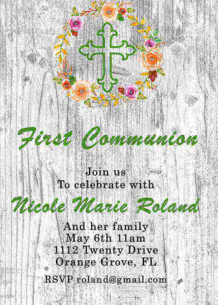 Flower Wreath and Cross First Holy Communion Party Invitations