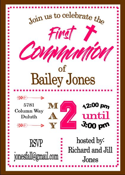 First Holy Communion pink and brown party invitations