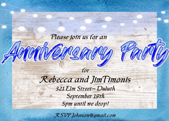 Wood and String Lights on Blue anniversary Party Invitations