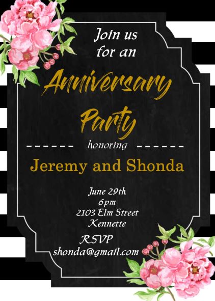 Black and White and Peonies Anniversary Party Invitations