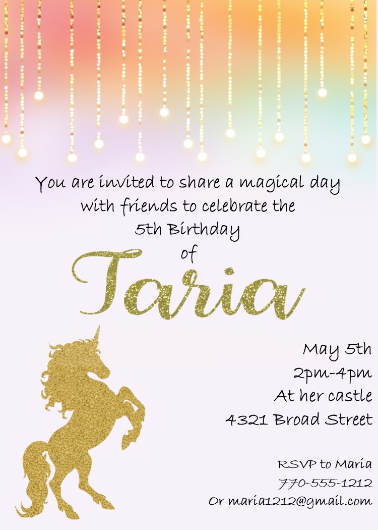 Glitter Unicorn with string lights Birthday Party Invitations