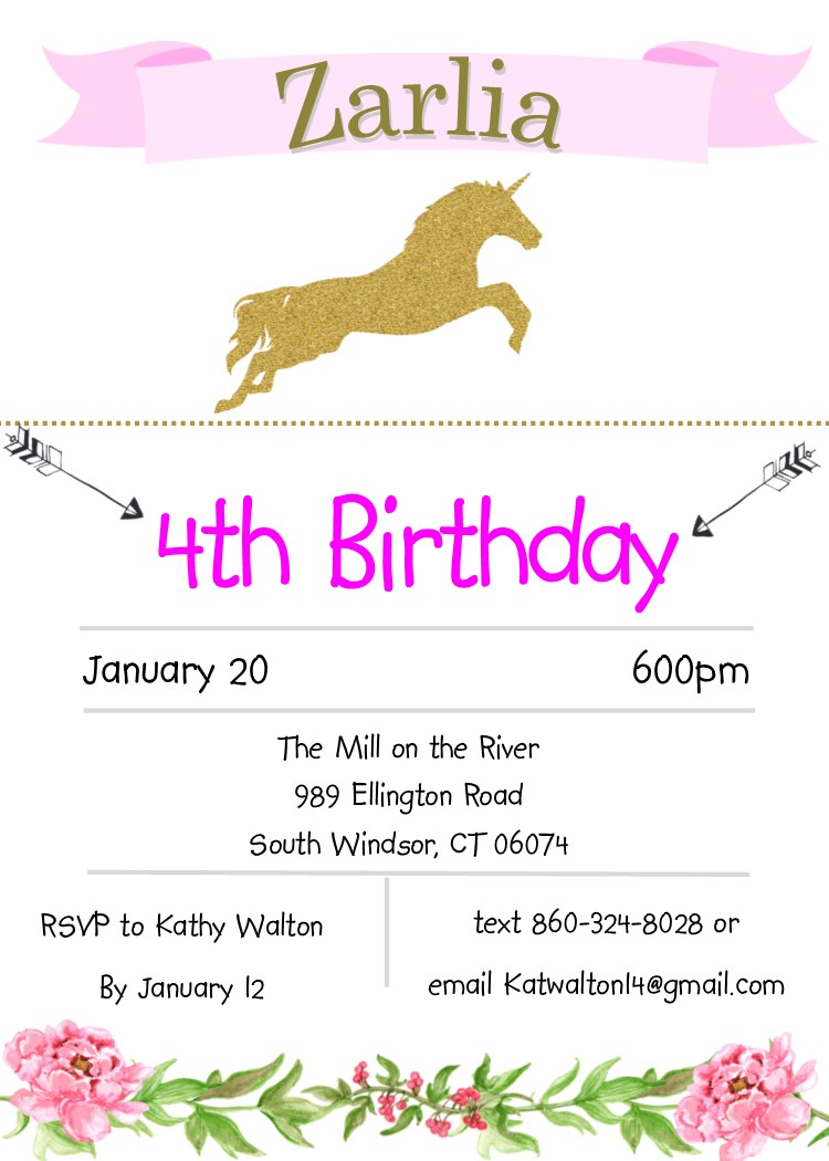 Unicorn and peopnies Birthday Party Invitations