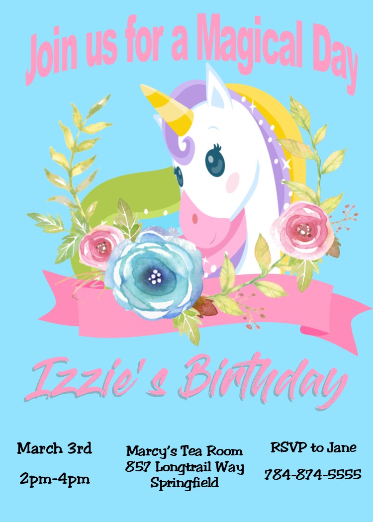 Unicorn with flowers Birthday Party Invitations