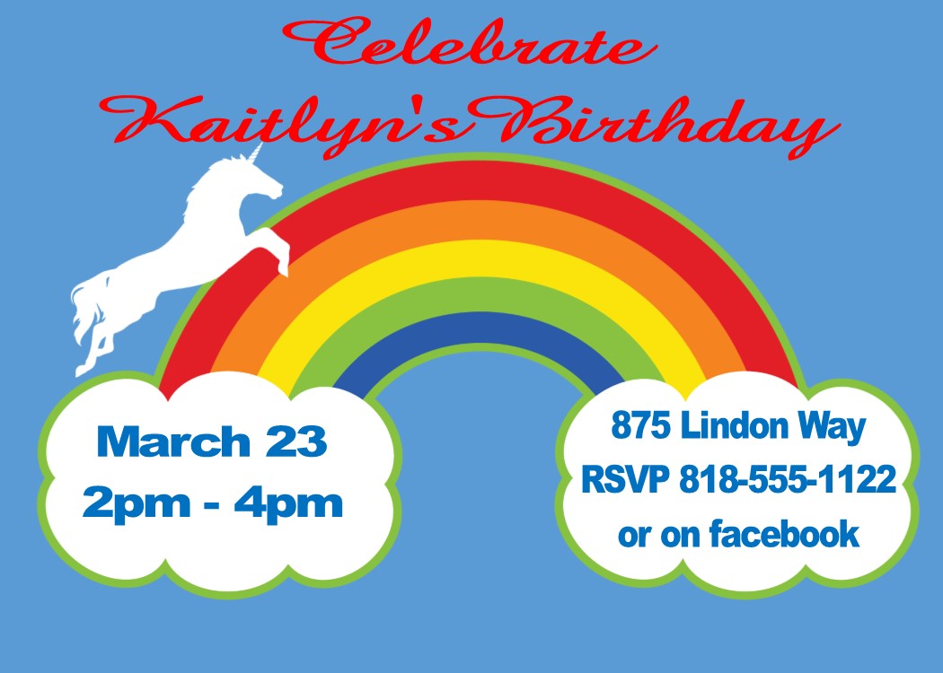 Unicorn with rainbow Birthday Party Invitations