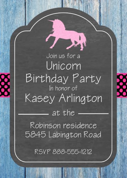 Unicorn on chalkboard Birthday Party Invitations