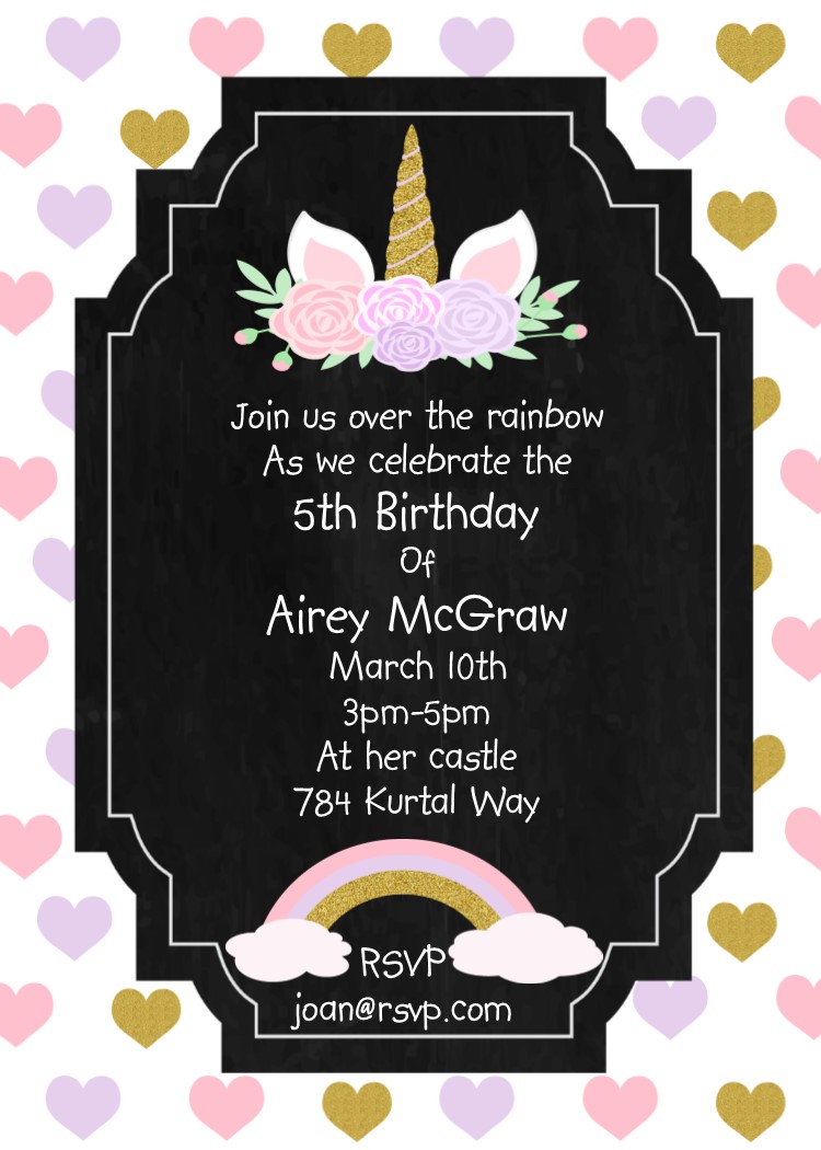 Unicorn and rainbow on chalkboard Birthday Party Invitations