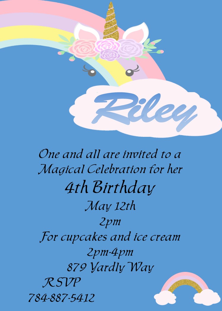 Unicorn Face with Rainbow Birthday Party Invitations