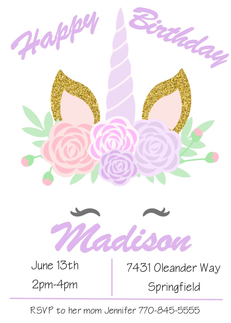 Pretty Unicorn Face Birthday Party Invitations