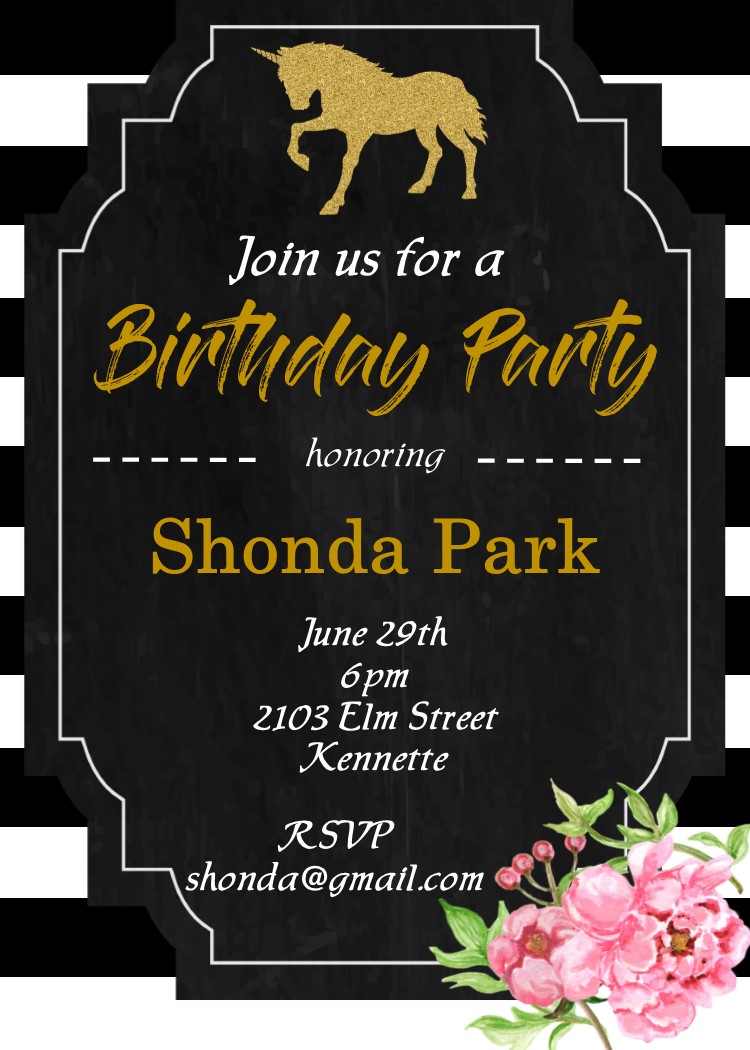 Glitter Unicorn Chalkboard Birthday Party Invitations