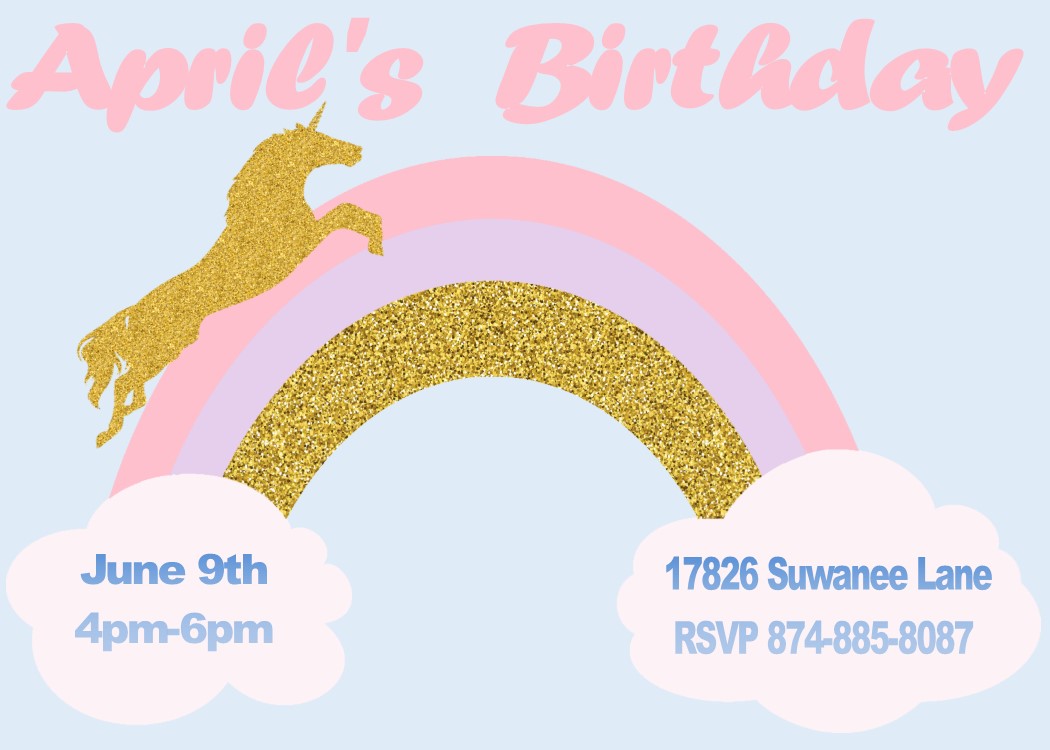 Glitter Unicorn over the Rainbow Birthday Party Invitations