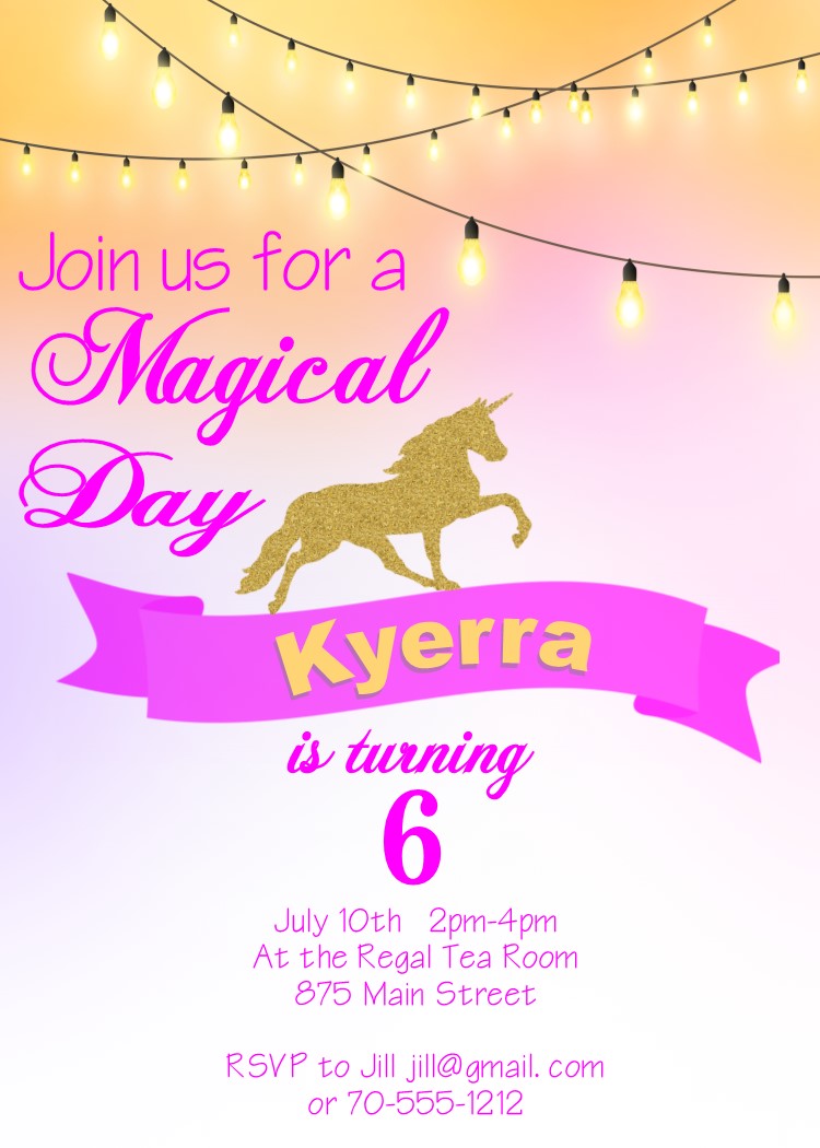 Glitter Unicorn String Lights Birthday Party Invitations