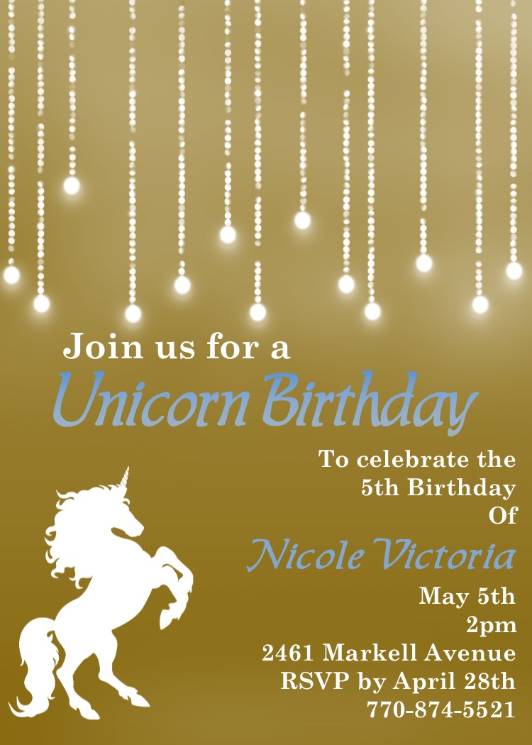 Unicorn on Gold Birthday Party Invitations