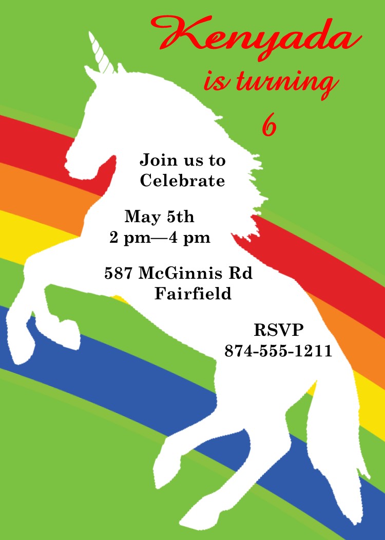 Unicorn on Rainbow Birthday Party Invitations