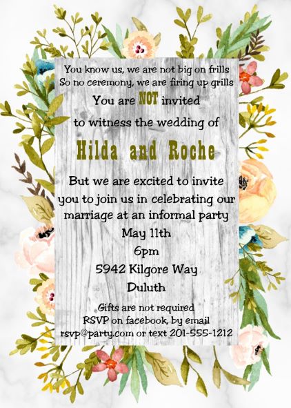 Marble wood and flowers Reception Only Party Invitations
