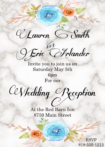 Marble and Watercolor Flowers reception only Party Invitations