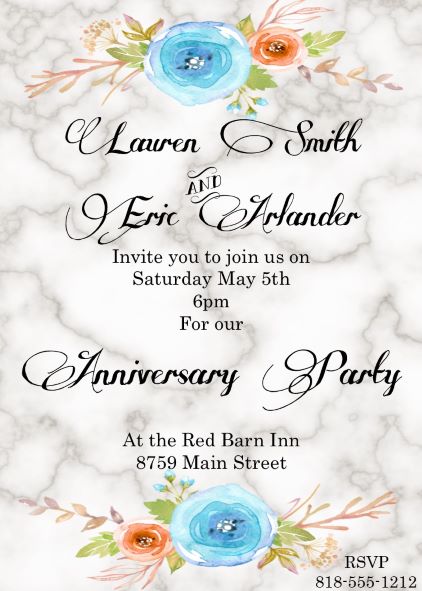 Marble and Watercolor Flowers Anniversary Party Invitations