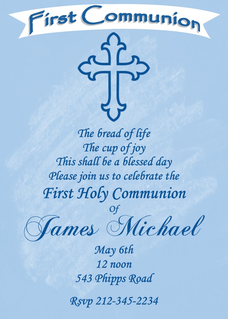 First Holy Communion Chalkboard and cross blue party invitations