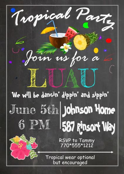 luau party invitation with tropical drink and surfboard