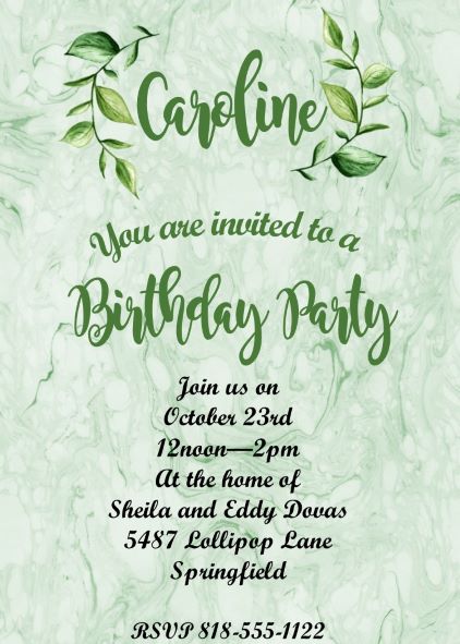 Green leaves on Marble Birthday Party Invitations