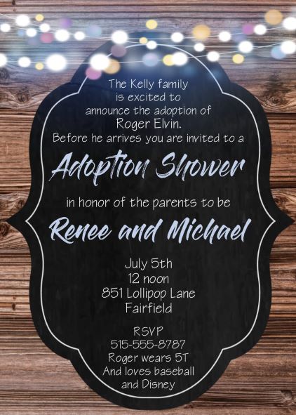 Stinglights on Chalkboard and Wood - Adoption Shower Party Invitation