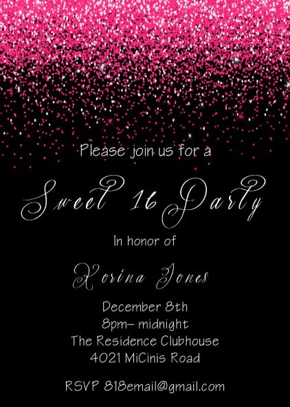 Pink Glitter on Black Sweet 16 Invitations